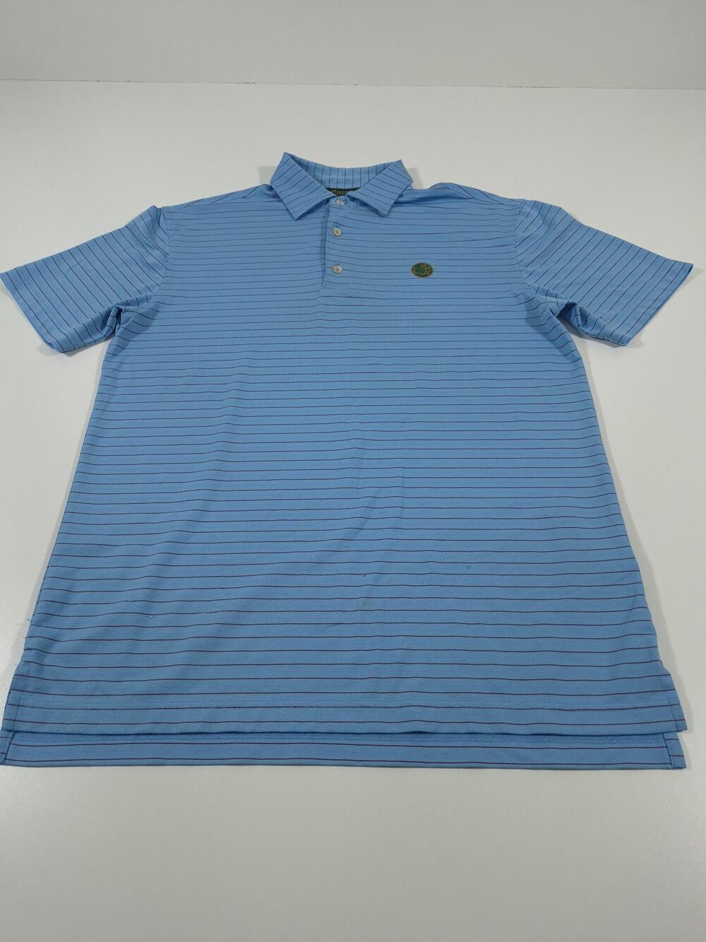 Masters Golf Shirt Mens Medium Light Blue Stripe Performance Polo Augusta FLAW